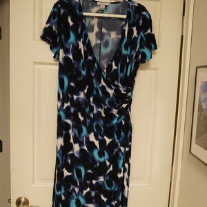 London Style Collection Woman 14W Blue Abstract Faux Wrap Dress